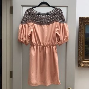 Peach Dress with Taupe Filigree on top & shoulders